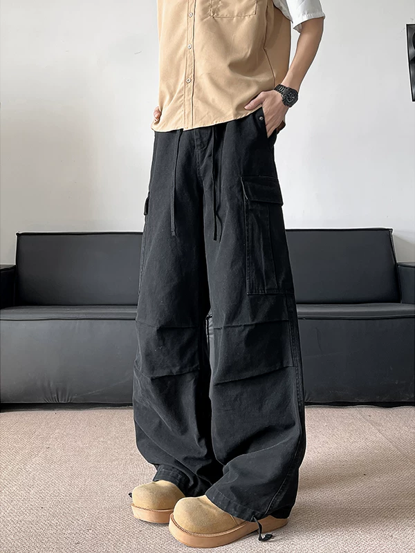Quần jean workwear kiểu Mỹ cổ điển dành cho nam, quần dù ống rộng thoải mái mùa hè, quần casual xếp ly đa năng thời thượng.