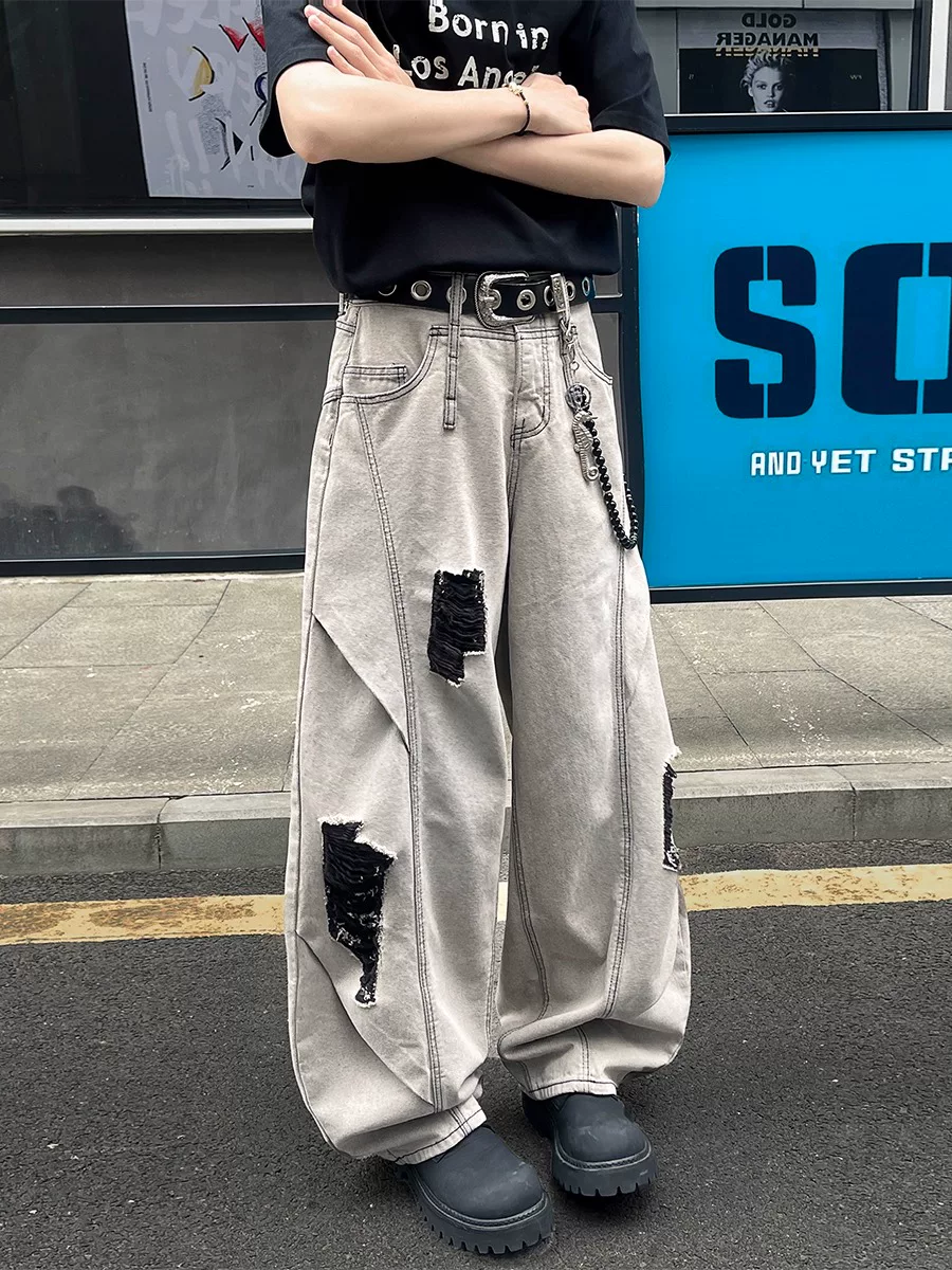 Quần jeans rách kiểu Mỹ dành cho nam, thương hiệu thời thượng, quần dài ống đứng, thiết kế cá tính, quần ống rộng với đường cắt độc đáo.