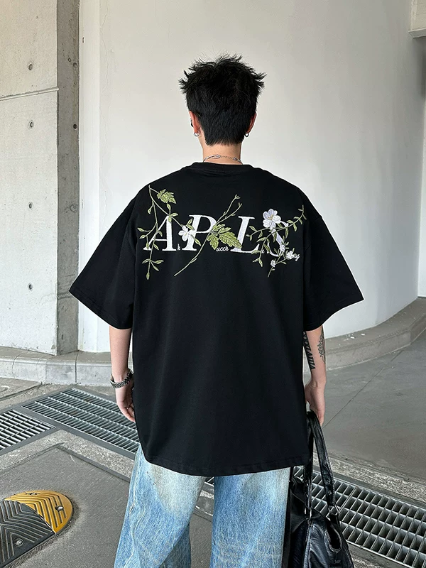 Áo thun nam tay ngắn thêu hoa, áo thun nửa tay phong cách Mỹ đường phố mùa hè, áo thun cặp đôi thiết kế thương hiệu thời thượng, dáng rộng.