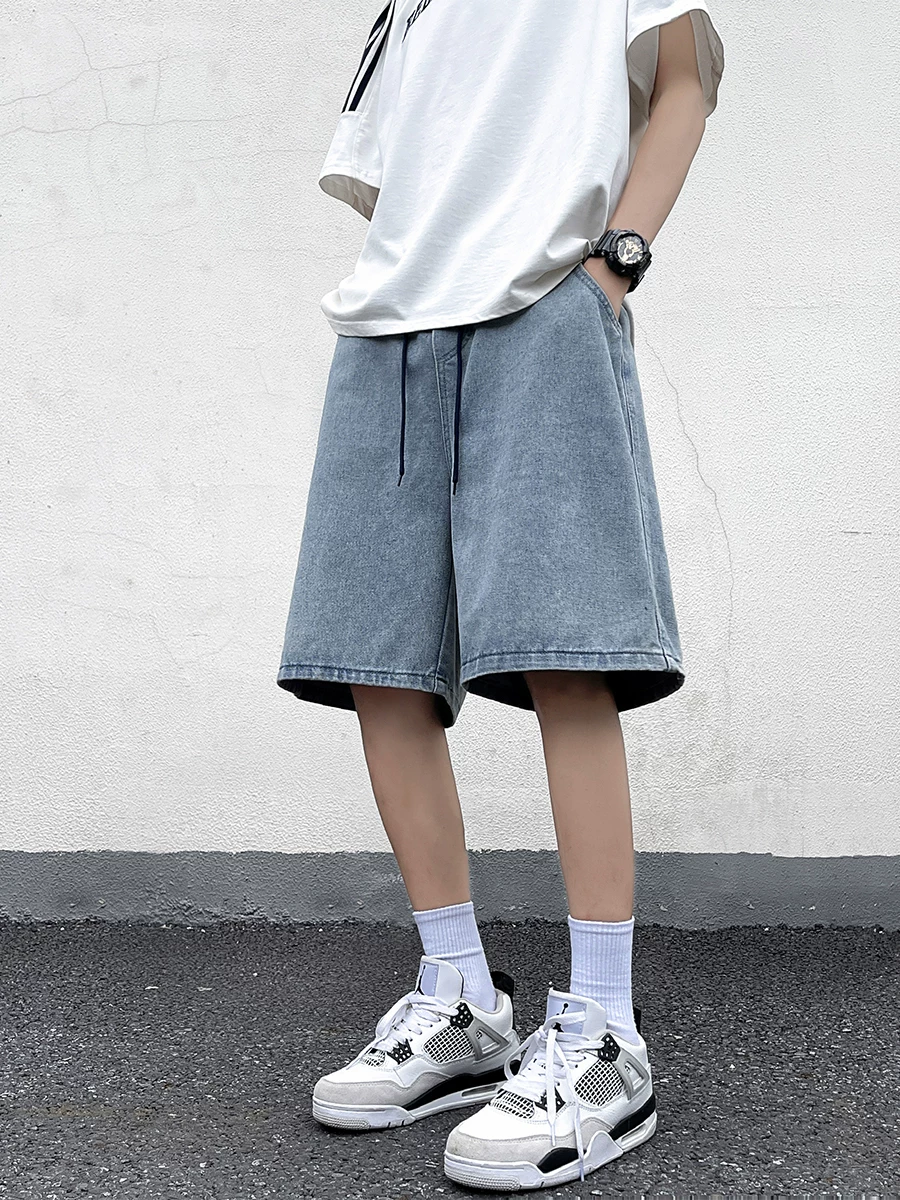 Quần short denim kiểu Mỹ mùa hè dành cho nam, thương hiệu thời trang Nhật Bản, quần ống rộng dáng thẳng năm phần, quần dài vừa ống rộng phong cách cá tính.