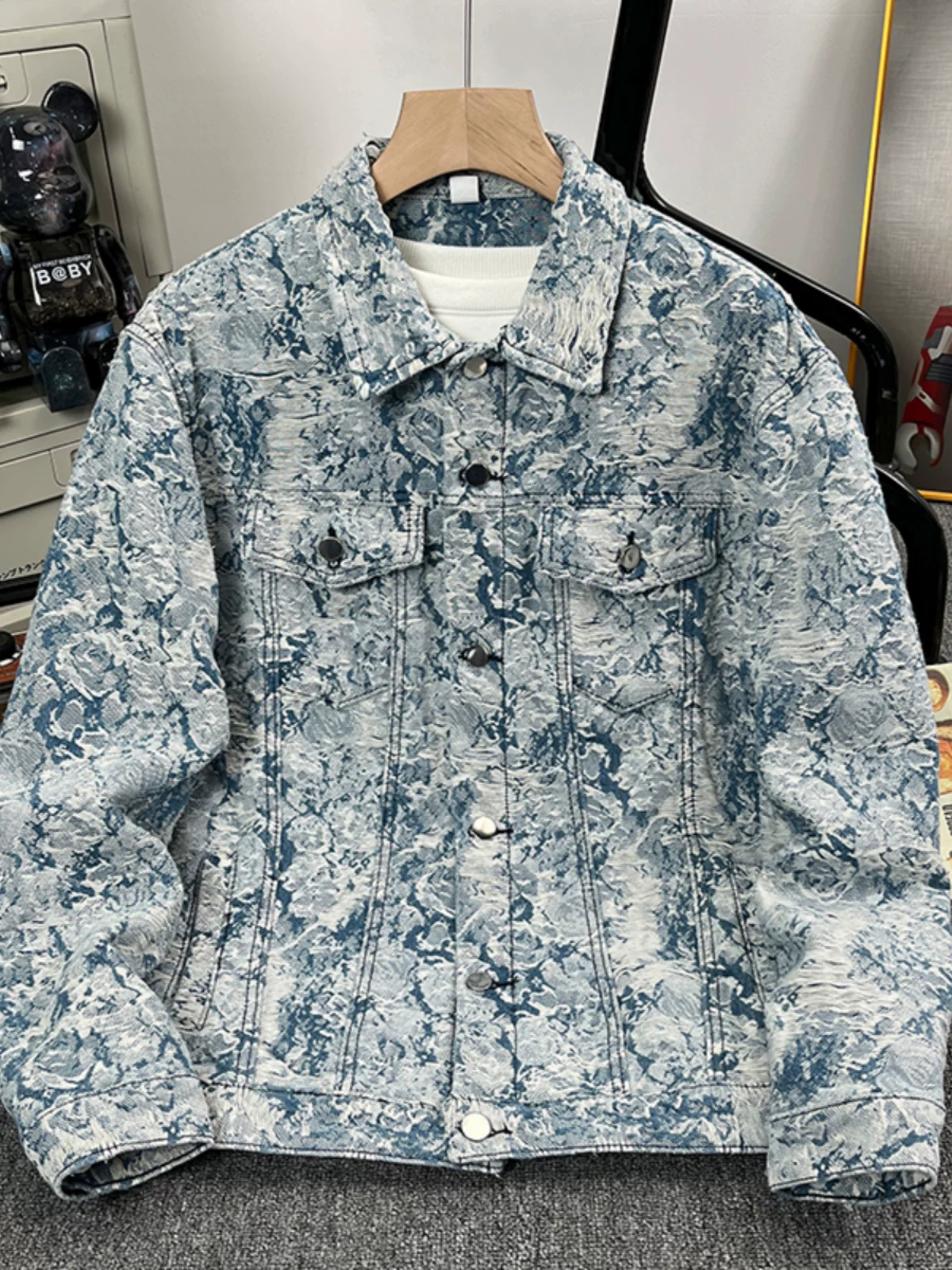 Áo khoác jacquard cao cấp dành cho nam, áo khoác denim kiểu Mỹ dáng gọn gàng, trang phục cặp đôi rộng rãi hợp thời trang mùa xuân thu.