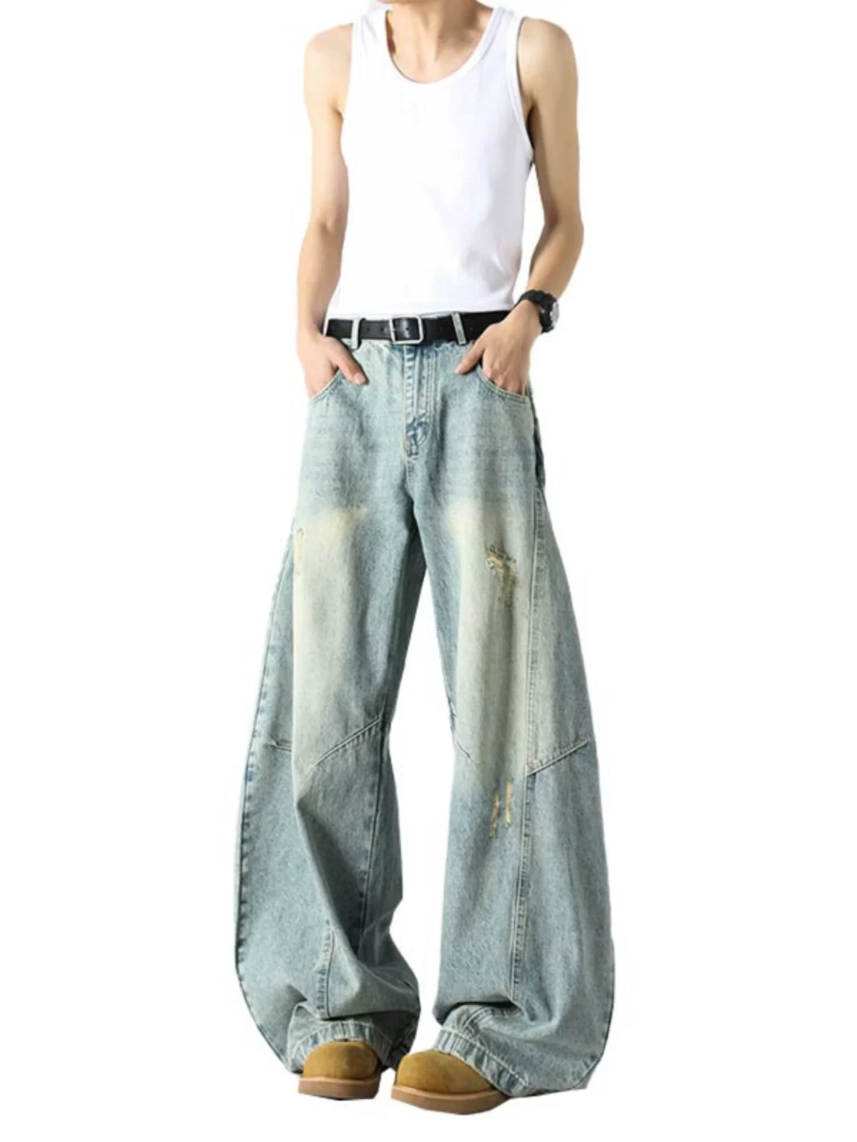 Quần jean nam dáng ôm, thiết kế cong, mùa xuân thu, quần dài ống rộng phong cách Mỹ, kiểu dáng thời trang, giặt mài và tạo hiệu ứng cũ kỹ.