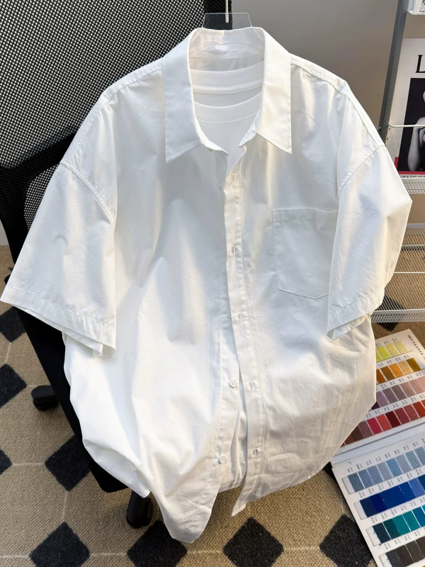 Áo sơ mi ngắn tay màu trơn phong cách Nhật Bản dành cho nam, áo sơ mi đôi đa năng hợp thời trang mùa hè, cảm giác cao cấp kiểu Mỹ, áo nửa tay rộng rãi.