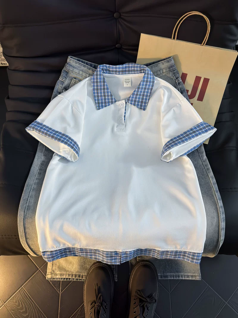 Áo Polo giả hai mảnh kiểu Mỹ dành cho nam, áo thun nửa tay kẻ sọc mùa hè, áo thun cặp đôi dáng rộng hợp thời trang.