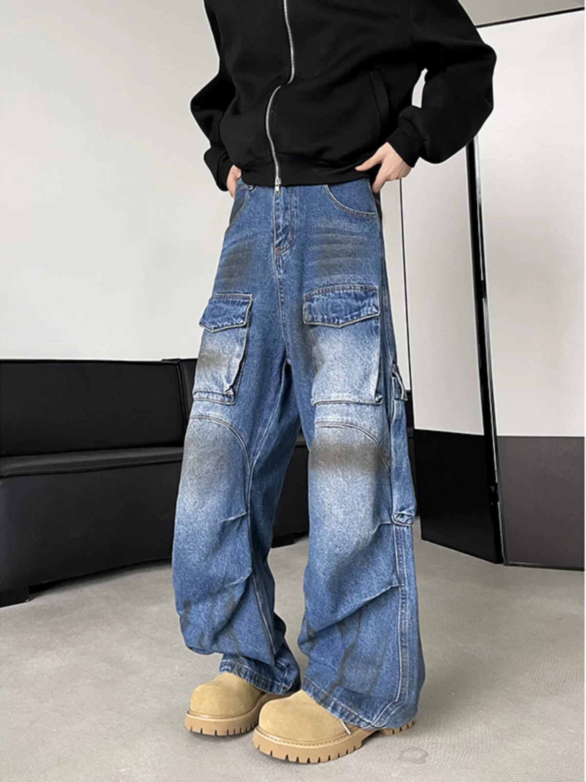 Quần jean nam nhiều túi, phong cách bụi bặm, nhuộm màu độc đáo, kiểu dáng Mỹ, mùa thu đông, quần công sở rộng rãi, quần dài ống rộng thời trang.