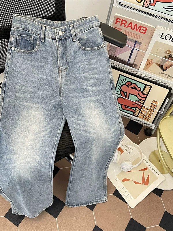 Quần jeans nam phong cách Hồng Kông, kiểu retro, chất liệu washed, thương hiệu thời trang Mỹ, dáng rộng ống đứng, quần dài vintage, phong cách casual.