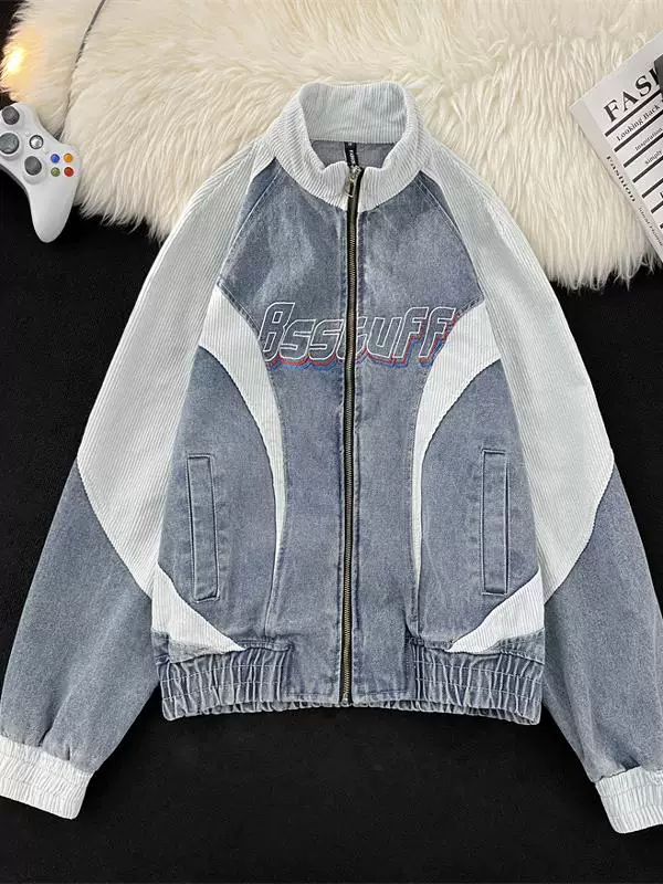 Áo khoác denim thêu phối vải dành cho nam, phong cách đường phố Mỹ cổ điển mùa xuân thu, kiểu dáng rộng rãi cổ đứng, áo khoác thương hiệu thời thượng.