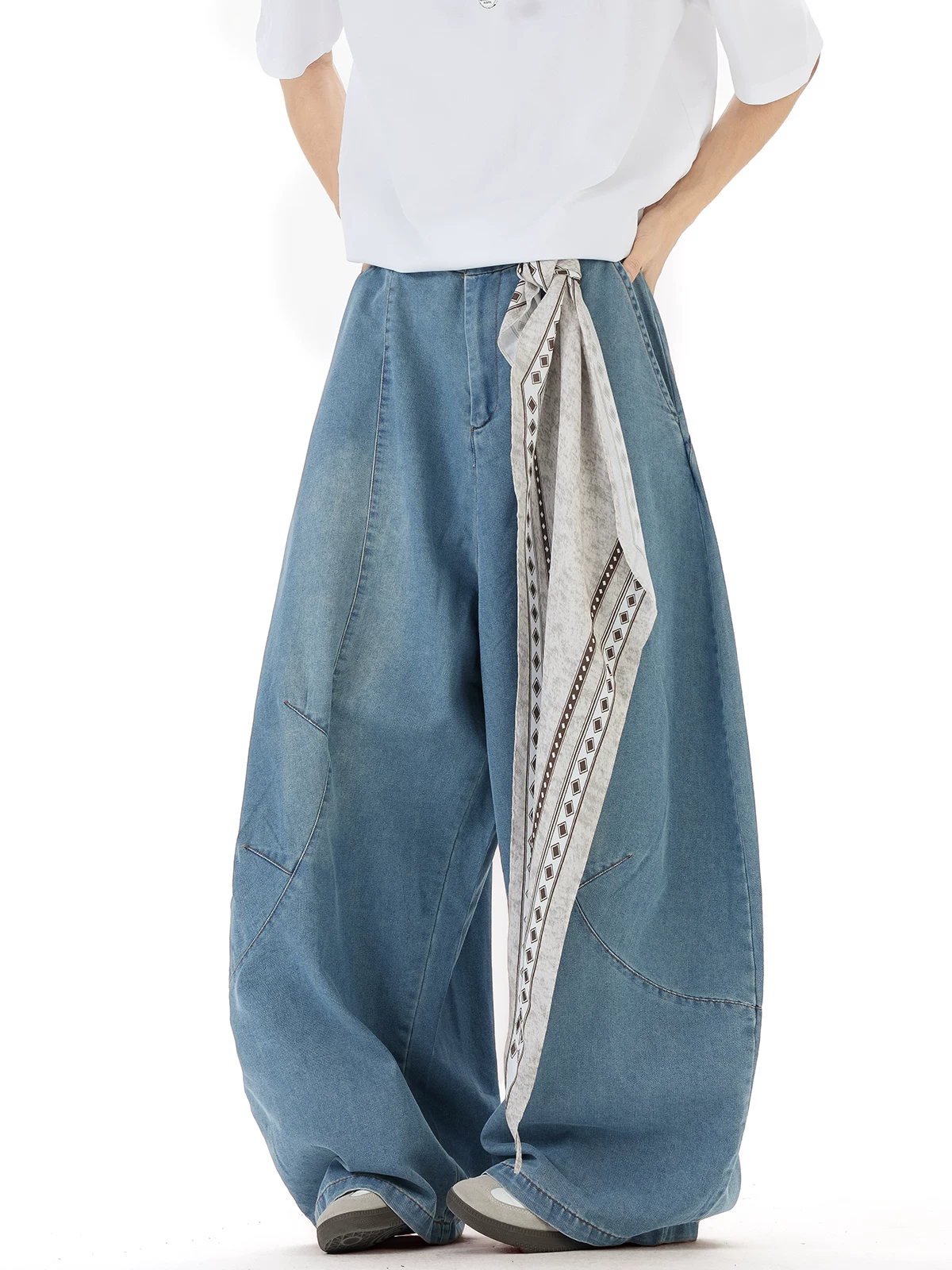 Quần jean nam thiết kế mùa hè, kiểu dáng cong, quần ống rộng phong cách retro Mỹ, quần dài chạm đất thời thượng.