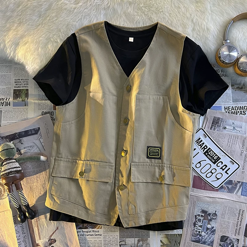 Áo vest công sở mùa xuân thu dành cho nam, áo khoác ngoài phong cách Hồng Kông, thương hiệu thời thượng, áo khoác không tay rộng rãi đa năng.