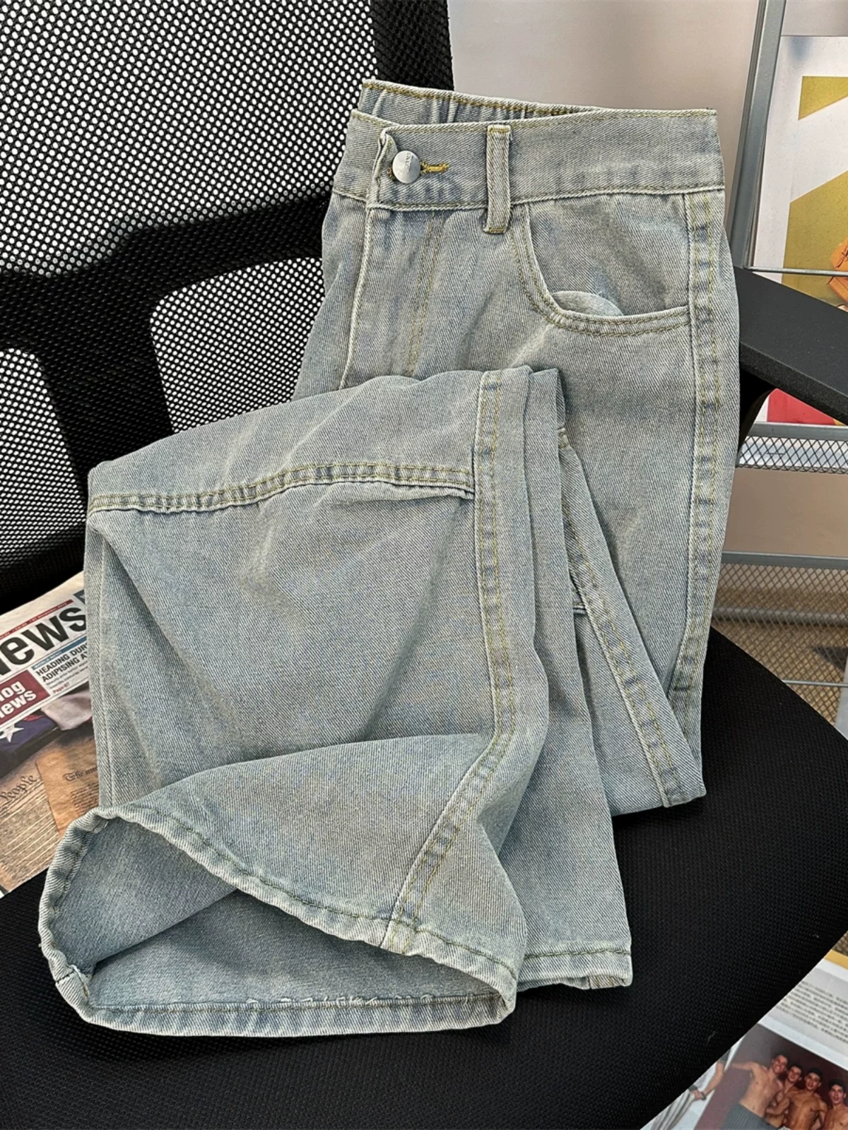 Quần jeans thiết kế thời trang nam, quần bố kiểu Mỹ phối vải chắp vá, quần ống rộng dáng suông xu hướng xuân thu.
