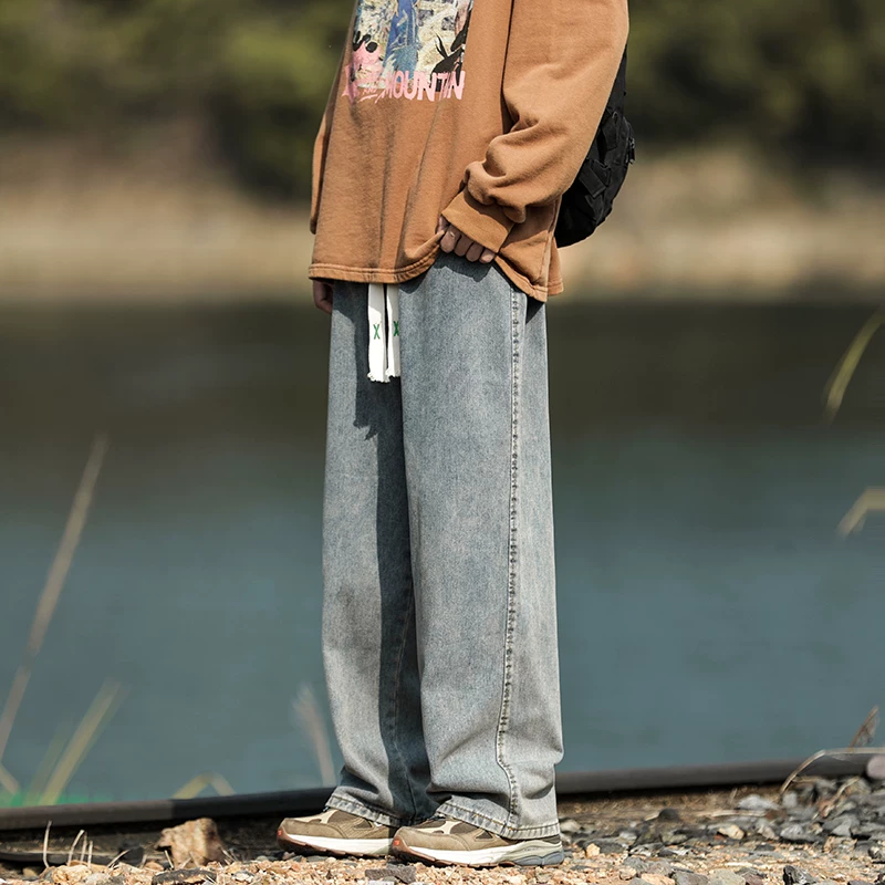 Quần jean nam giặt mài phong cách vintage, thương hiệu thời thượng, phong cách Hồng Kông, quần ống rộng thoải mái, quần dài ống đứng đa năng cho mùa xuân thu.