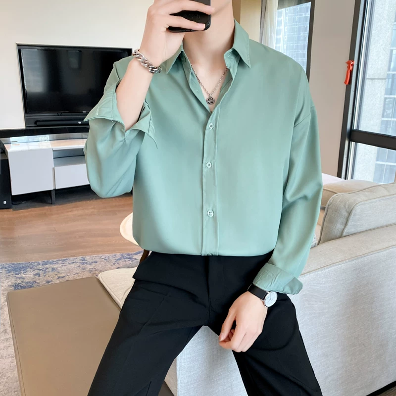 Áo sơ mi nam dài tay phong cách trưởng thành nhẹ nhàng, áo kiểu mùa hè mỏng nhẹ, áo kiểu Hàn Quốc thời thượng, áo lụa băng dáng rộng đẹp trai.