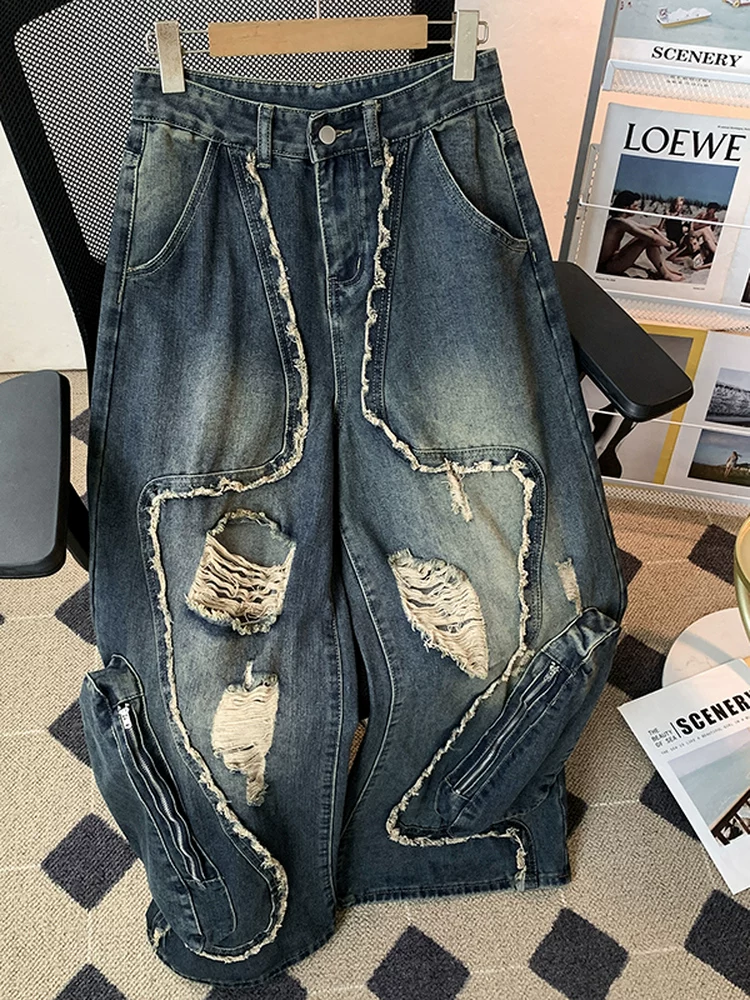 Quần jean rách nam cao cấp, quần công sở thiết kế phá cách phong cách Mỹ mùa hè, quần ống rộng dáng thẳng túi lớn thời thượng.