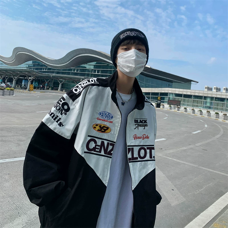 Áo khoác bóng chày màu cà phê cổ điển dành cho nam, áo khoác biker thêu chắp vá phong cách Mỹ mùa xuân thu, thương hiệu thời thượng, áo khoác cặp đôi dáng rộng.