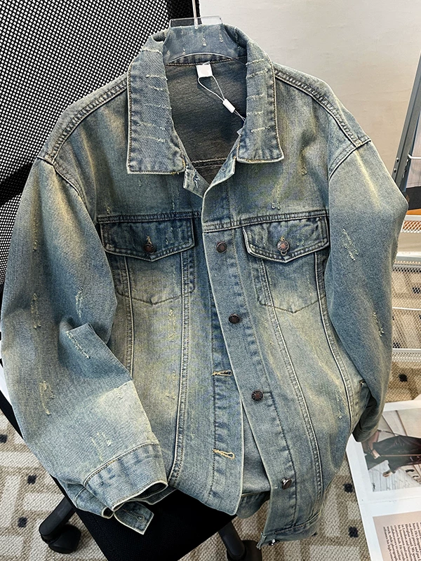 Áo khoác denim đã qua xử lý, hiệu ứng râu ria, dành cho nam, thiết kế thời trang xuân thu, kiểu dáng rộng rãi, phong cách retro Mỹ, áo khoác kiểu workwear.