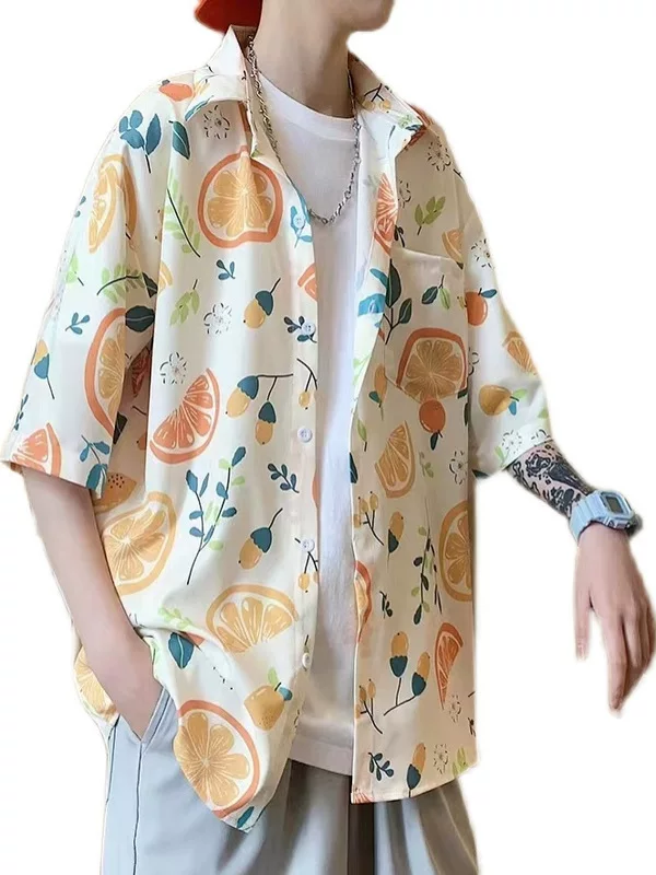 Áo sơ mi ngắn tay in họa tiết Hawaii dành cho nam, áo sơ mi lụa băng mỏng rộng rãi mùa hè, áo khoác nửa tay mát mẻ hợp thời trang của Mỹ