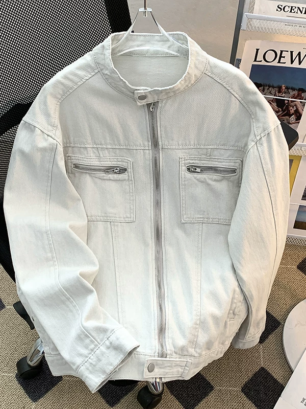 Áo khoác denim kiểu Mỹ dành cho nam, áo khoác vải canvas giặt mài thời thượng, áo khoác công sở dáng rộng cổ đứng cho mùa xuân và mùa thu.