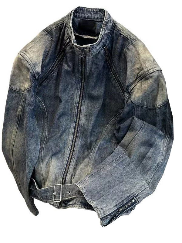 Áo khoác denim nam kiểu dáng ngắn, thiết kế phá cách, vai đệm, phong cách workwear, mùa xuân thu, kiểu Mỹ, thương hiệu thời trang, cổ đứng.