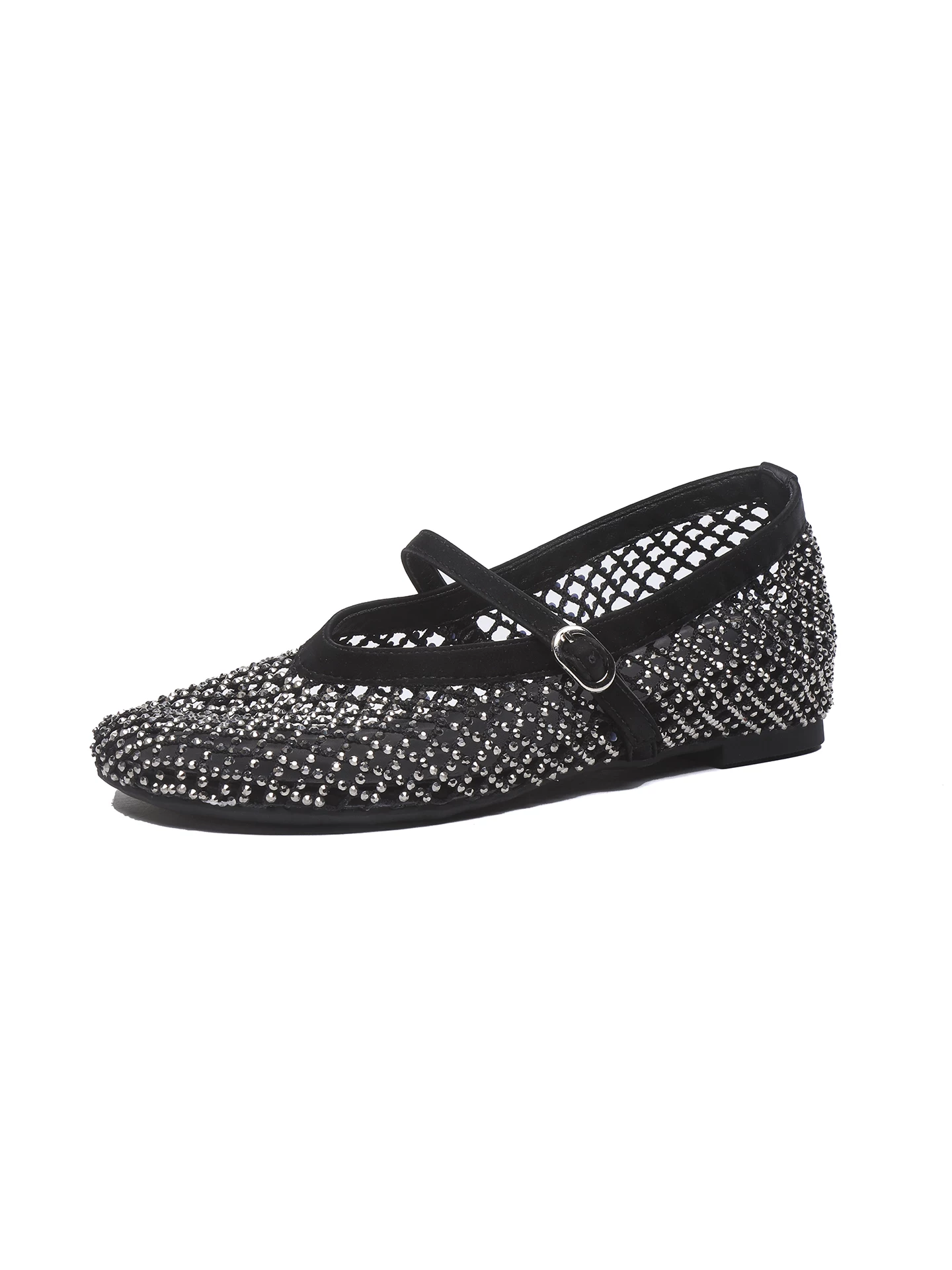 Giày sandal Mary Jane đính đá cho nữ, giày lưới thoáng khí đan rỗng, kiểu mới mùa hè 2026, giày bệt lưới.