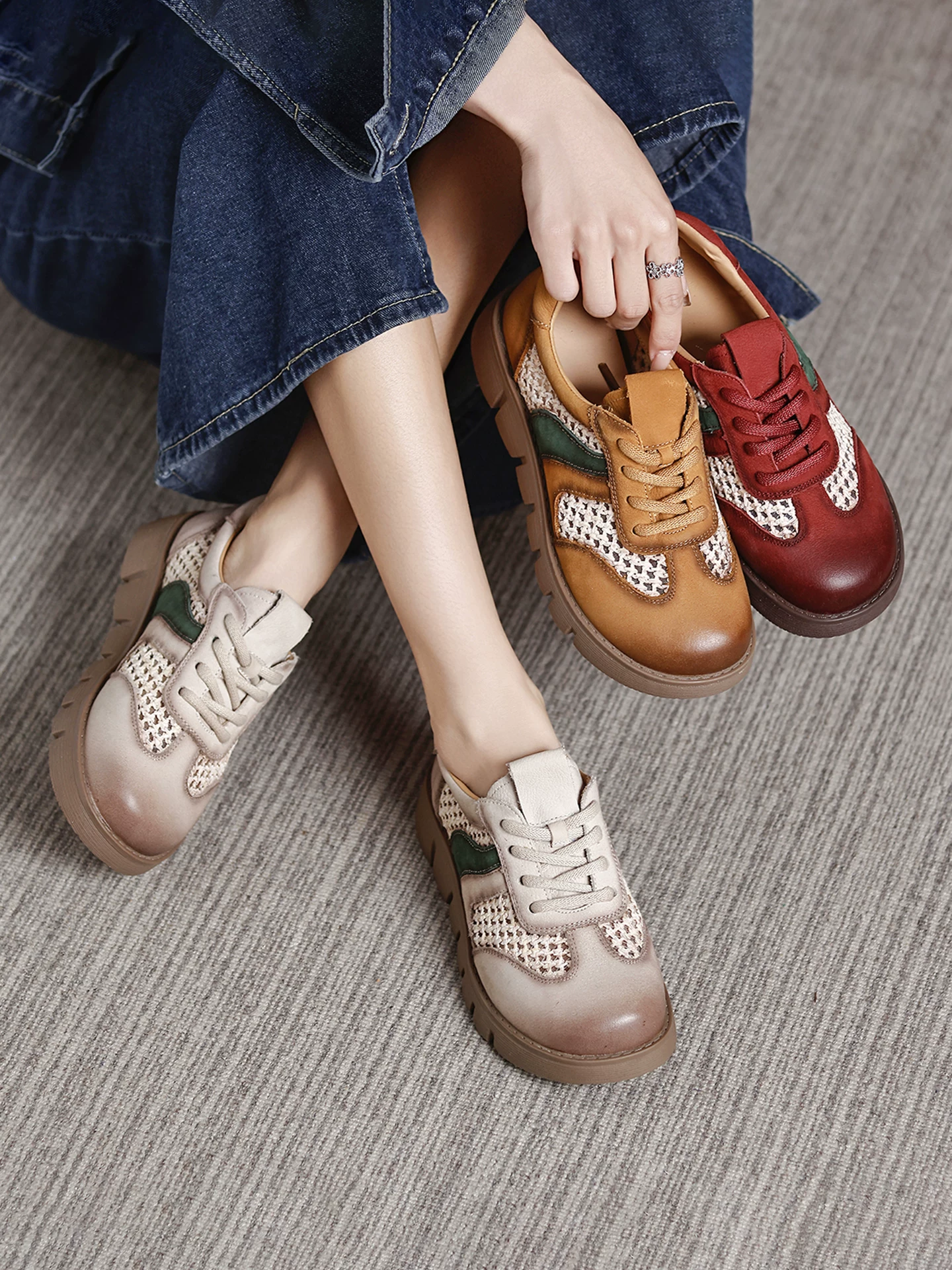 Giày tập luyện nữ da bò lưới retro kiểu Đức, giày thể thao đế dày thoáng khí, giày thể thao và giải trí nữ mùa hè 2026 mới
