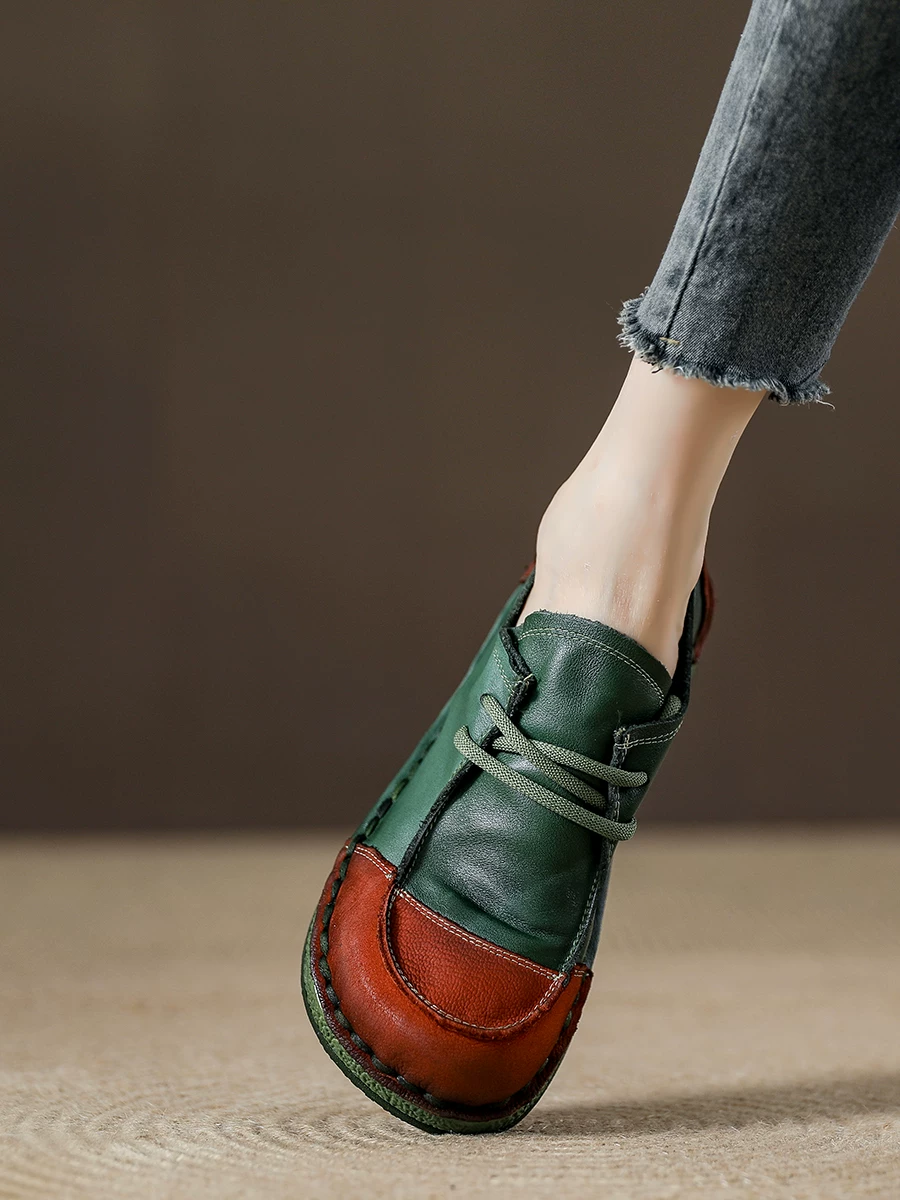 Giày đơn nữ da bò mềm phối màu phong cách retro, giày mẹ đế mềm êm ái, giày da thật kiểu mới mùa xuân 2026, giày da nhỏ phong cách thường ngày.