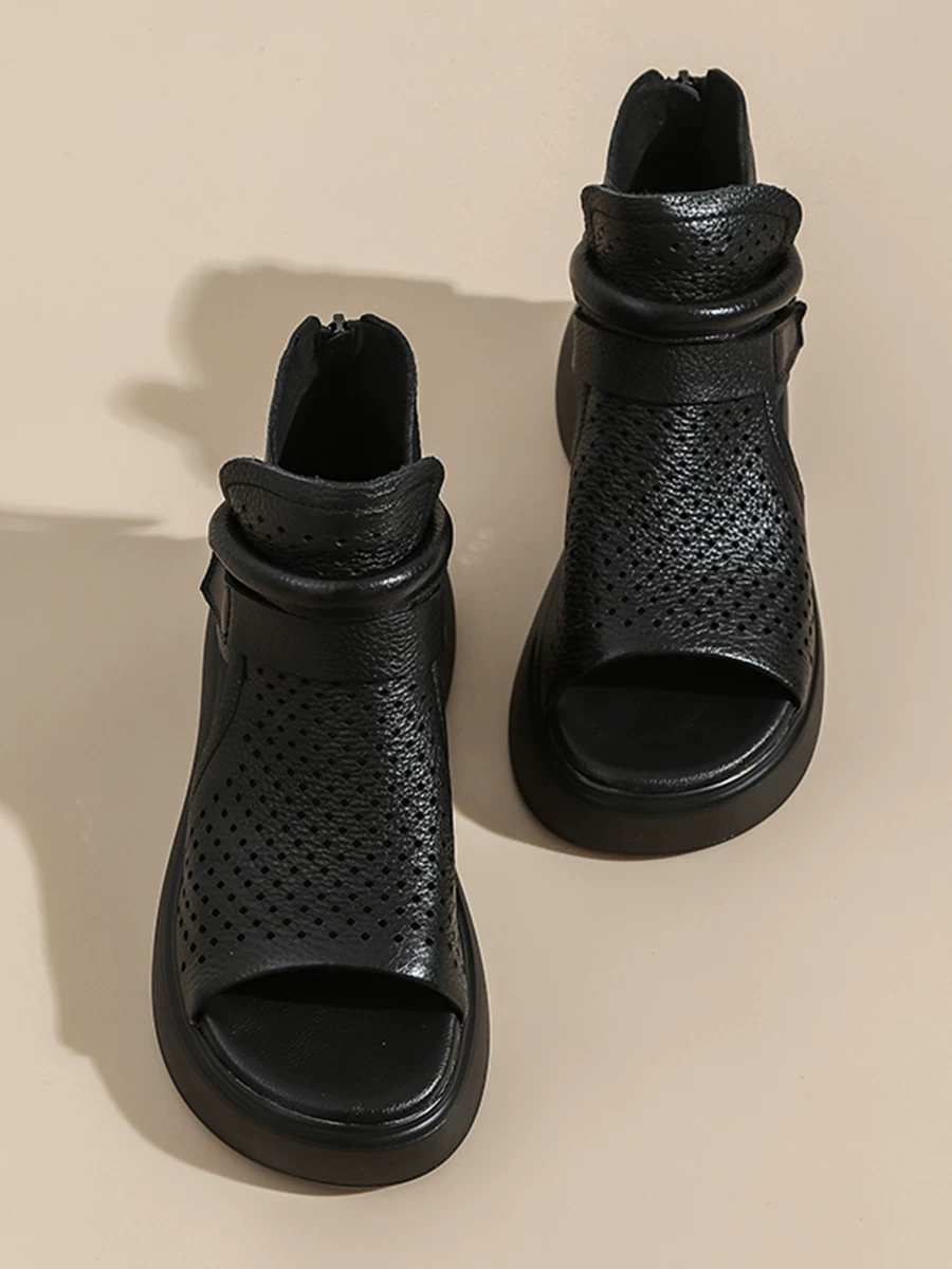 Giày sandal La Mã cổ điển bằng da thật dành cho nữ, đế dày, khoét lỗ, thoáng khí, kiểu dáng cao cổ, phong cách mới mùa hè 2026, giày hở mũi đục lỗ.