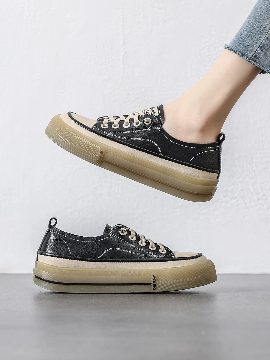 Giày nữ da bò thật kiểu retro màu trắng, mẫu mới xuân 2026, kiểu lười, đế mềm, đế dày, giày thể thao thường ngày