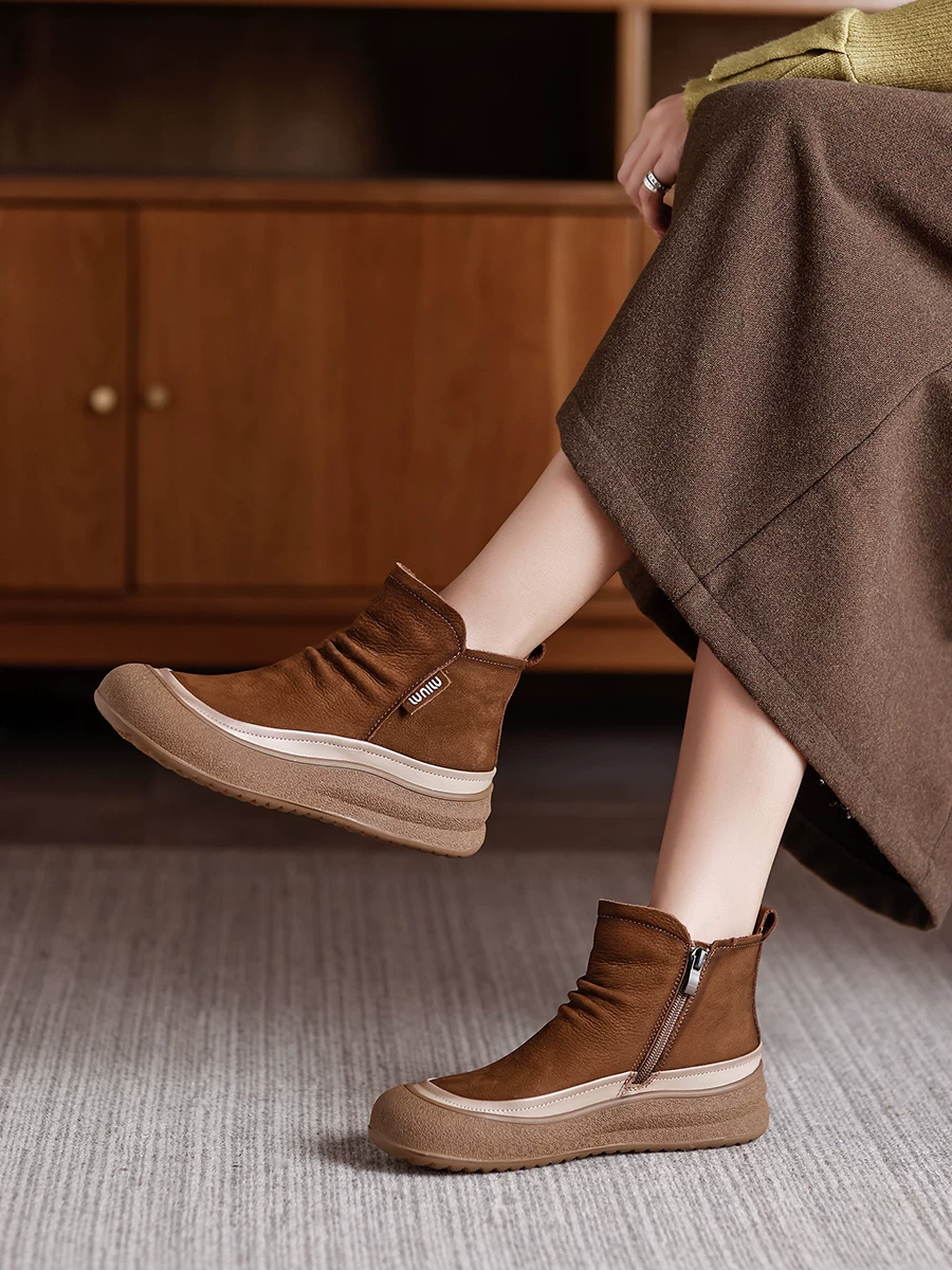 Giày bốt ngắn Birkenstock da bò nâu cổ điển dành cho nữ, kiểu mới thu đông 2025, da thật, đế mềm, lót lông cừu, kiểu dáng Martin xếp ly, thoải mái.