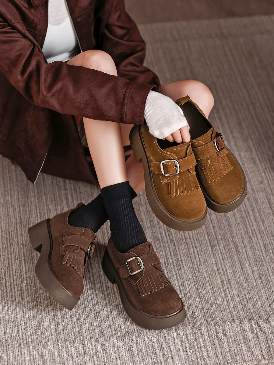 Giày da nữ kiểu Anh, gót dày đế cao, giày lười, giày đơn phong cách retro mới mùa thu 2025, giày Birkenstock da lộn.