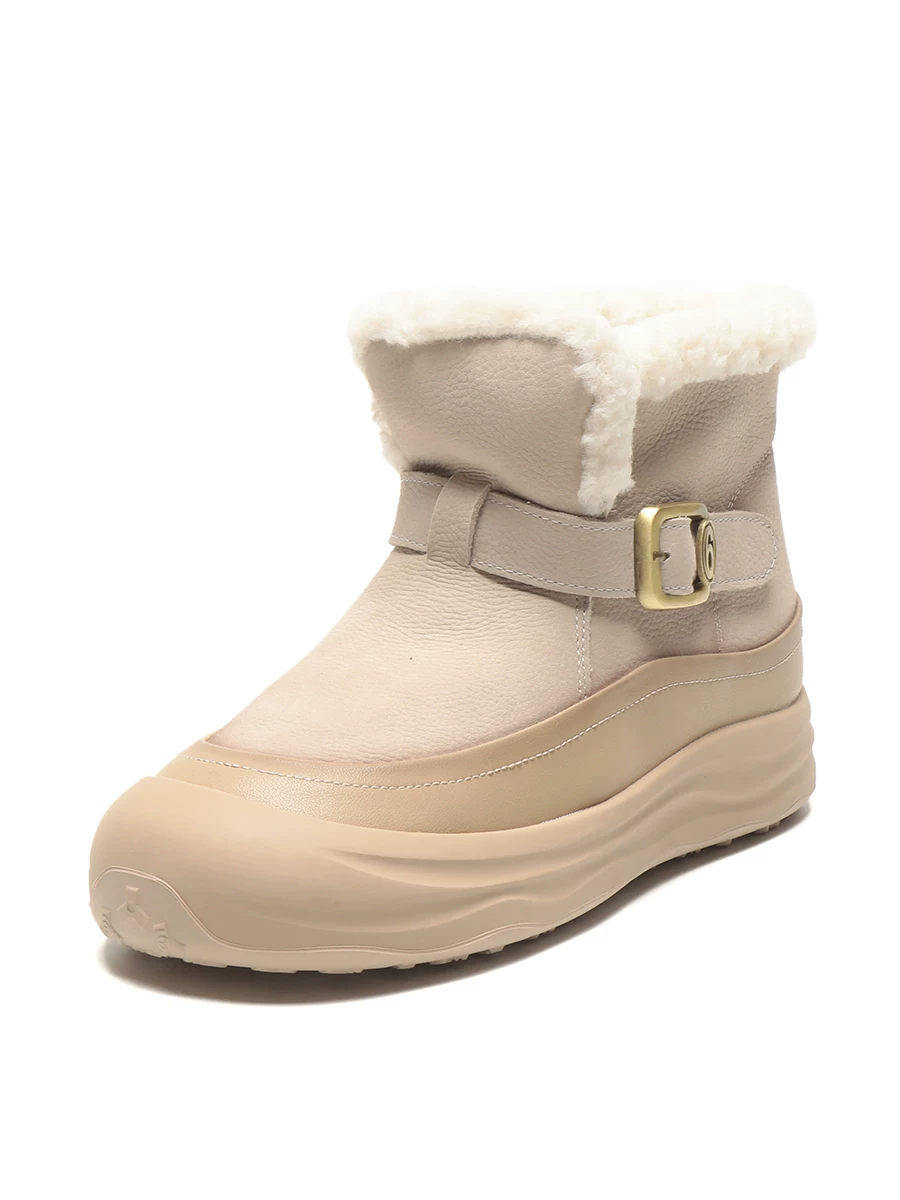 Giày bốt da trắng nữ, đế dày, lót lông cừu kiểu Birkenstock, mẫu mới mùa đông 2025, bốt bông ấm lót lông cừu.