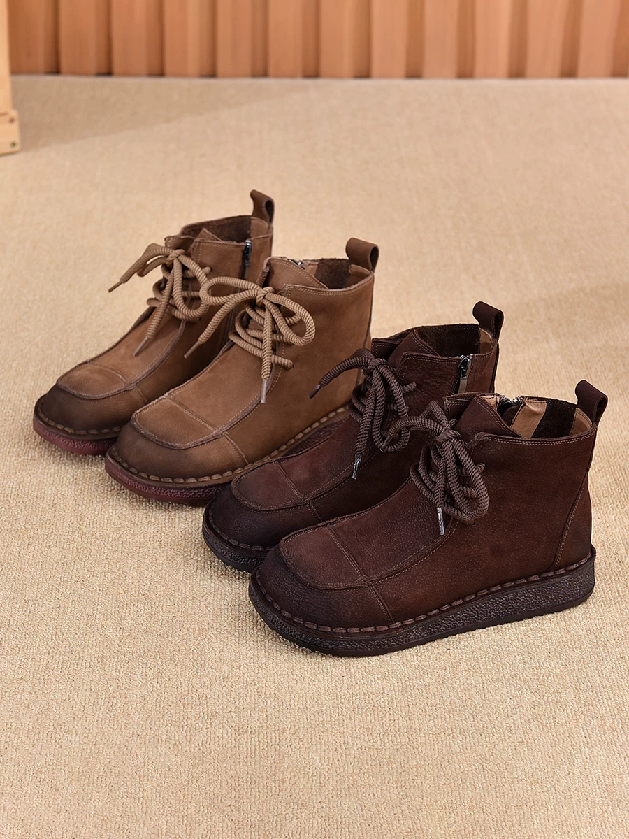 Giày bốt Martin da bò retro nữ, đế mềm, thoải mái, lót lông cừu, giữ ấm, kiểu mới thu 2025, giày bốt ngắn da thật phong cách thường ngày.