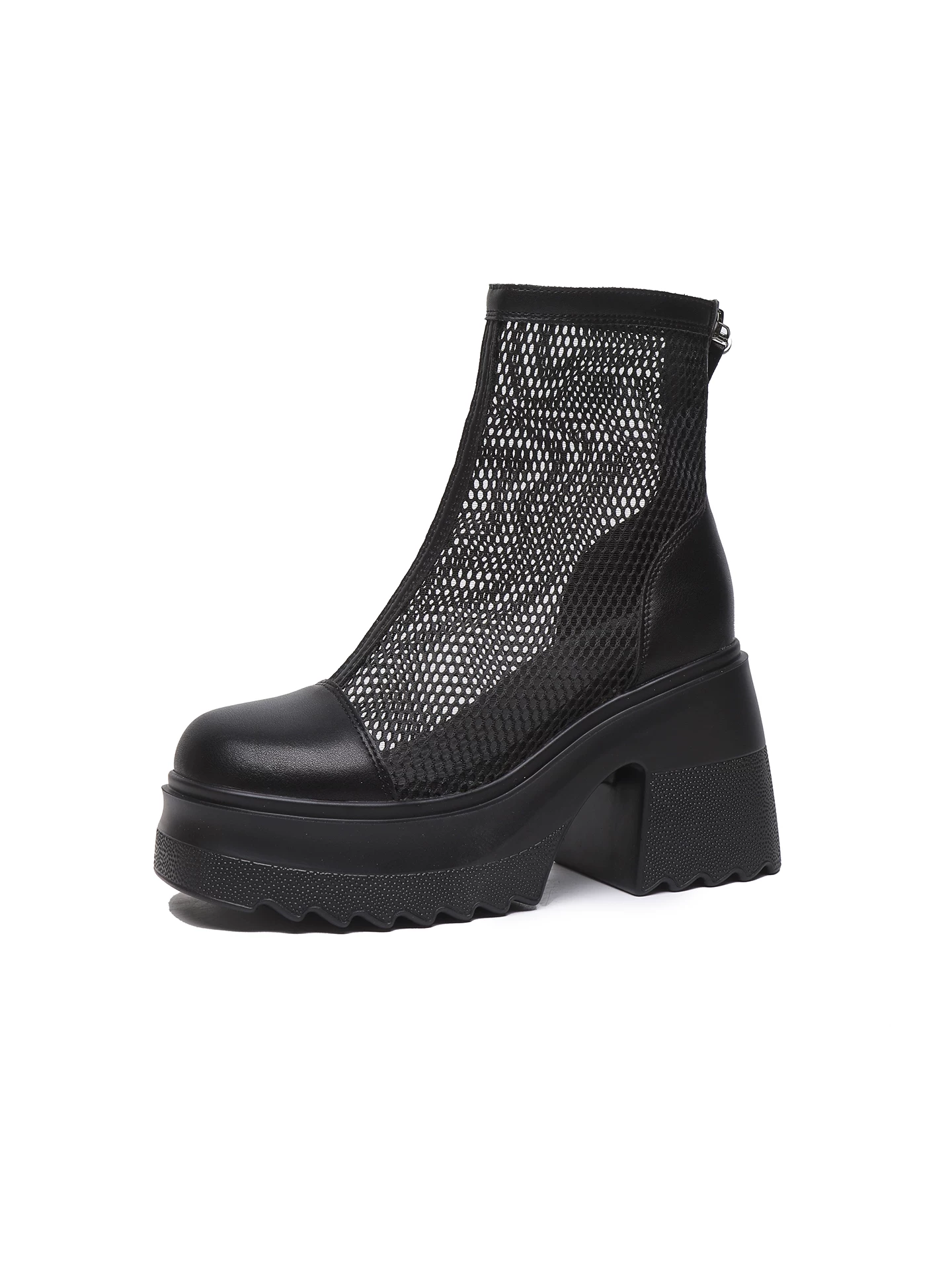 Giày sandal cao gót màu trắng dành cho nữ, gót dày, giày bốt Martin lưới tăng chiều cao, bốt ngắn thoáng khí mùa hè 2026, bốt lưới rỗng.