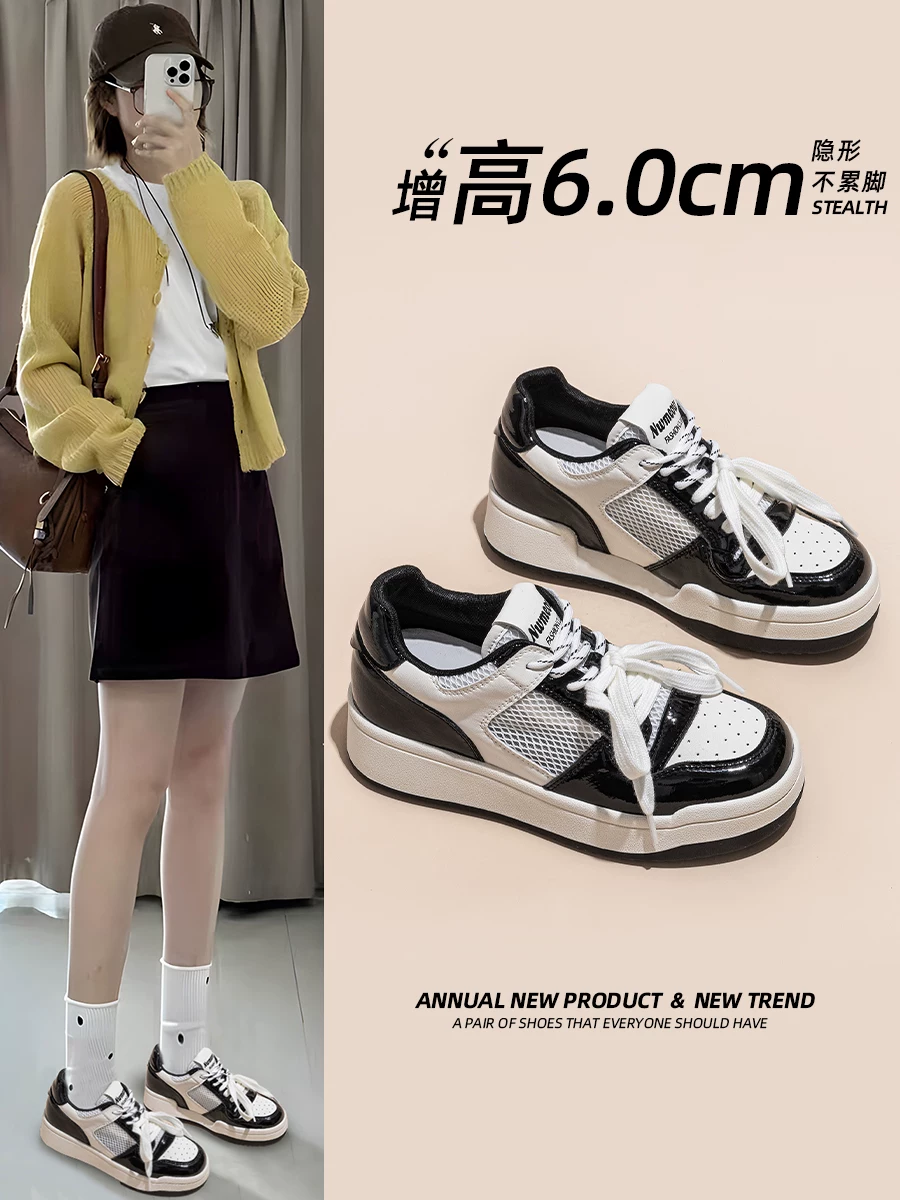 Giày thể thao trắng tăng chiều cao 6cm vô hình dành cho nữ, giày thể thao đế dày màu đen trắng, mẫu mới mùa hè 2026, giày thường ngày bằng lưới thoáng khí.