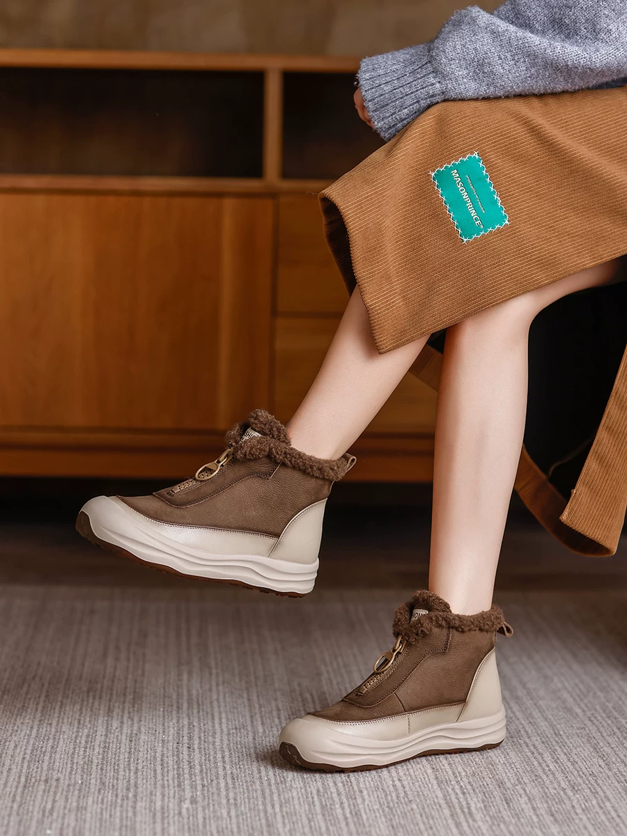 Giày bốt nữ da bò kiểu retro, đế dày, lót lông cừu, giữ ấm, cổ ngắn, kiểu mới mùa đông 2025, khóa kéo trước, bốt cao cổ bằng cotton.