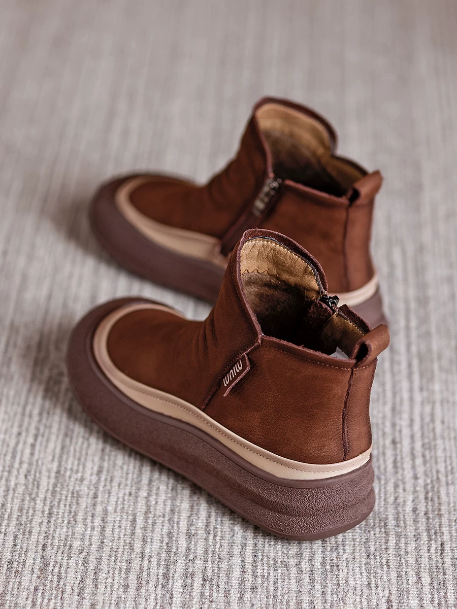 Giày bốt ngắn Birkenstock da bò nâu cổ điển dành cho nữ, kiểu mới thu đông 2025, da thật, đế mềm, lót lông cừu, kiểu dáng Martin xếp ly, thoải mái.