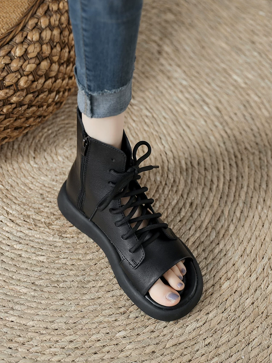 Giày sandal cao cổ hở mũi cho nữ, da thật, thoáng khí, kiểu Martin cổ điển, phong cách mới mùa hè 2026, sandal La Mã khoét lỗ buộc dây.