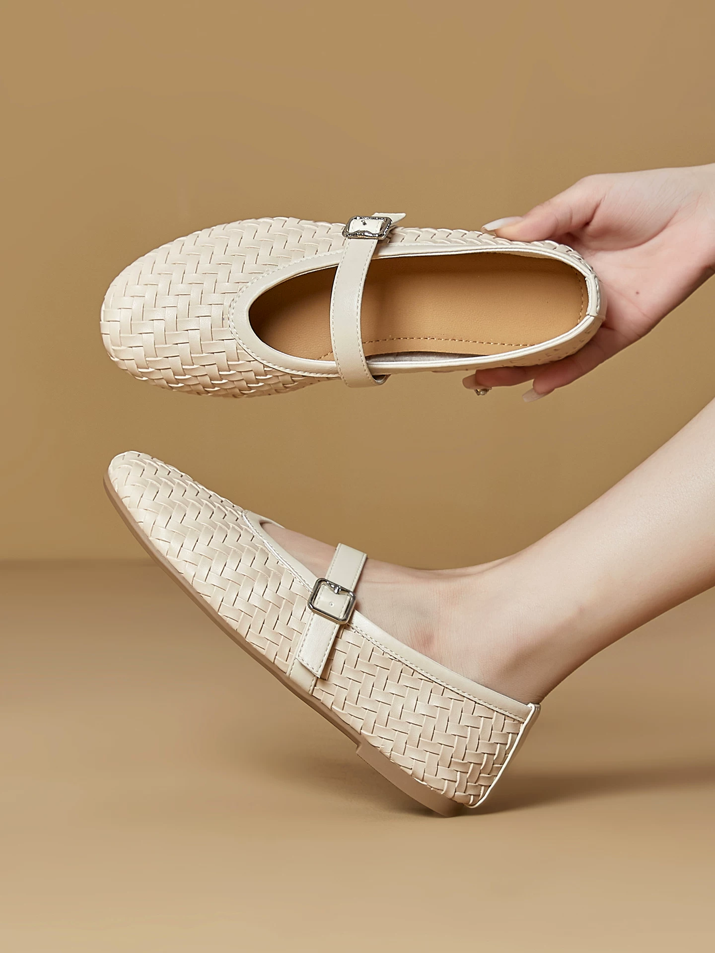 Giày Mary Jane quai dệt kiểu Pháp dành cho nữ, giày bệt thanh lịch mới mùa xuân 2026, giày bệt kiểu ballet nông đế dành cho đi làm.