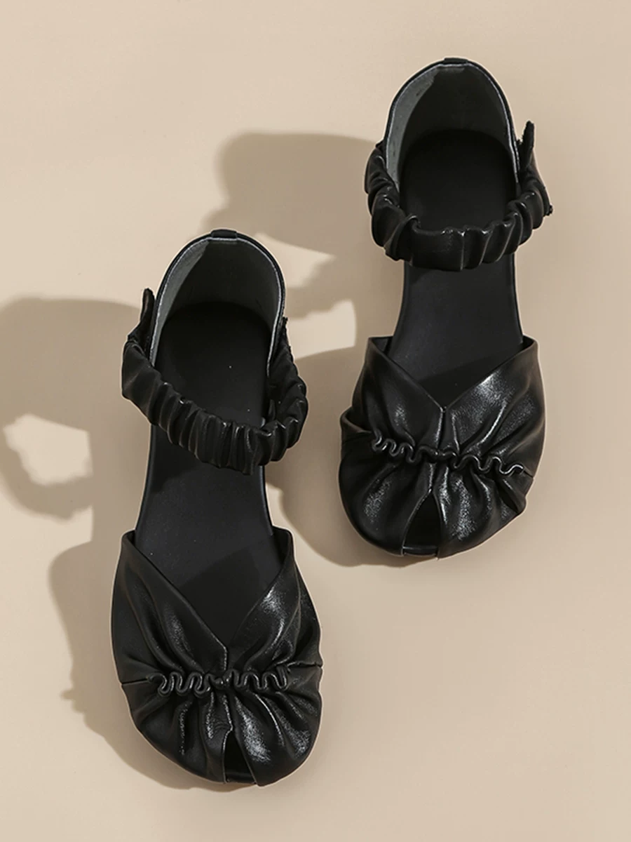 Giày sandal nữ da thật xếp ly, mũi kín, quai đơn, kiểu La Mã retro, mẫu mới hè 2026, đế mềm, giày mẹ thoải mái.