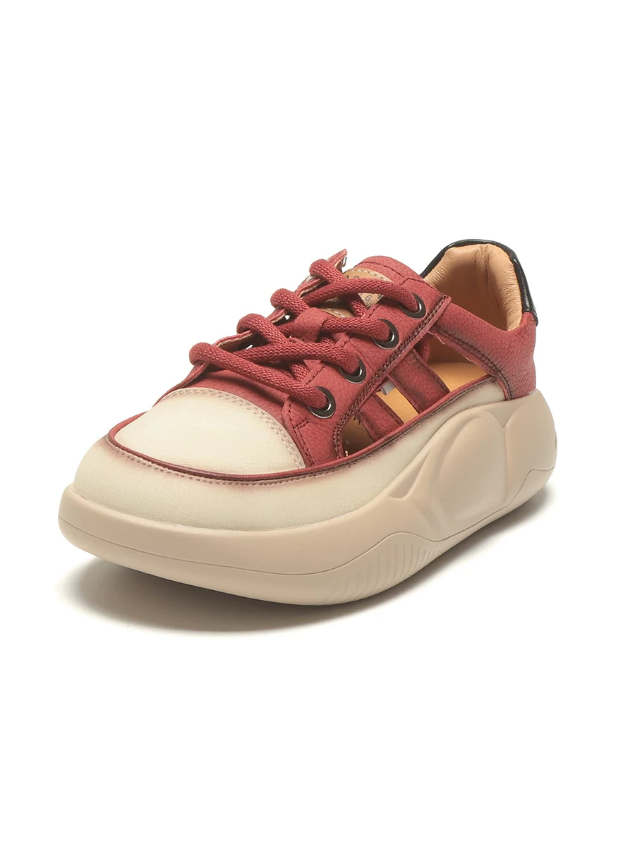 Giày sandal hở mũi khoét lỗ dành cho nữ, giày trắng retro da thật đế dày thoáng khí, giày thể thao đế mềm mùa hè 2026 dành cho nữ.
