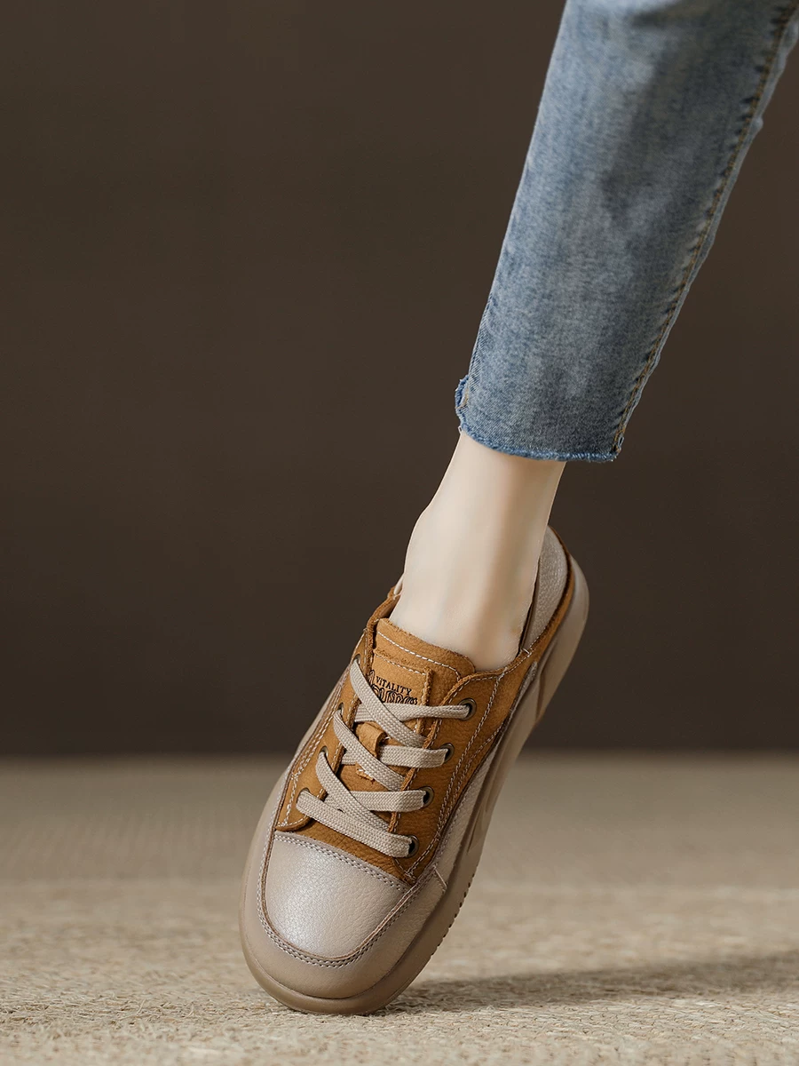 Giày đơn retro da bò cho nữ, da thật, mang được hai kiểu, giày thể thao đế dày, phong cách mới mùa xuân 2026, giày thể thao đế mềm.