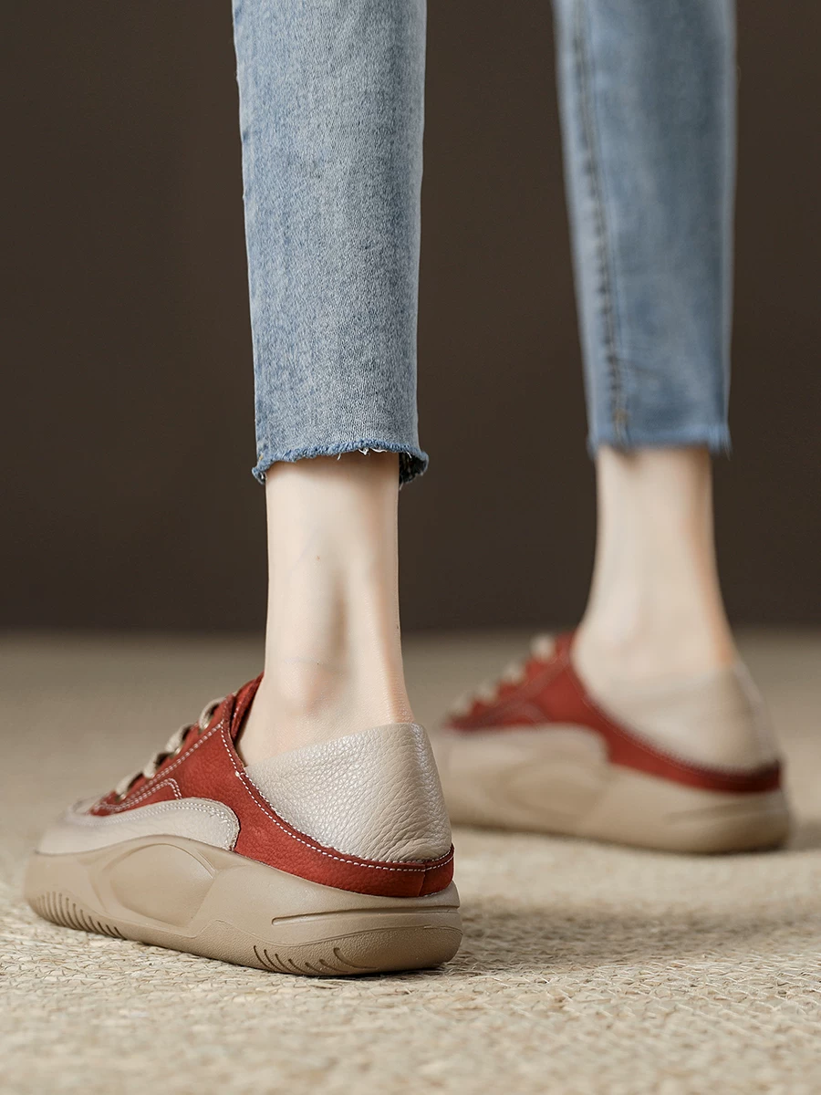 Giày đơn retro da bò cho nữ, da thật, mang được hai kiểu, giày thể thao đế dày, phong cách mới mùa xuân 2026, giày thể thao đế mềm.