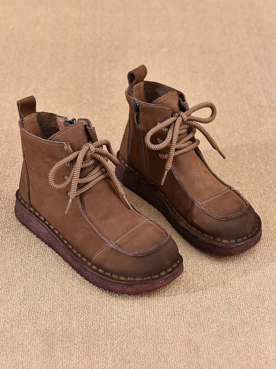 Giày bốt Martin da bò retro nữ, đế mềm, thoải mái, lót lông cừu, giữ ấm, kiểu mới thu 2025, giày bốt ngắn da thật phong cách thường ngày.