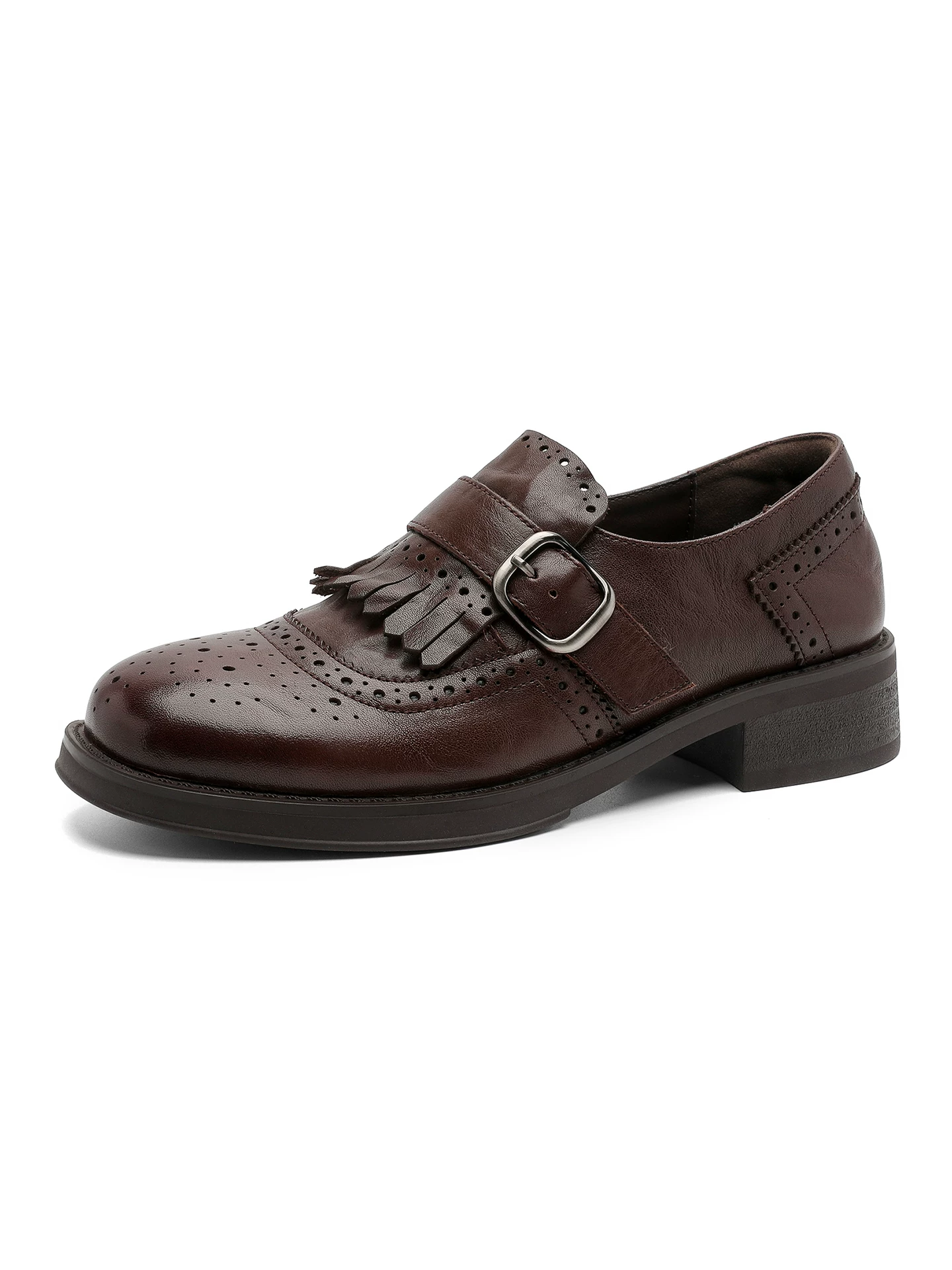 Giày Brogue nữ, da bò màu nâu, giày da chạm khắc tua rua phong cách retro, kiểu mới mùa xuân 2026, giày lười gót dày.