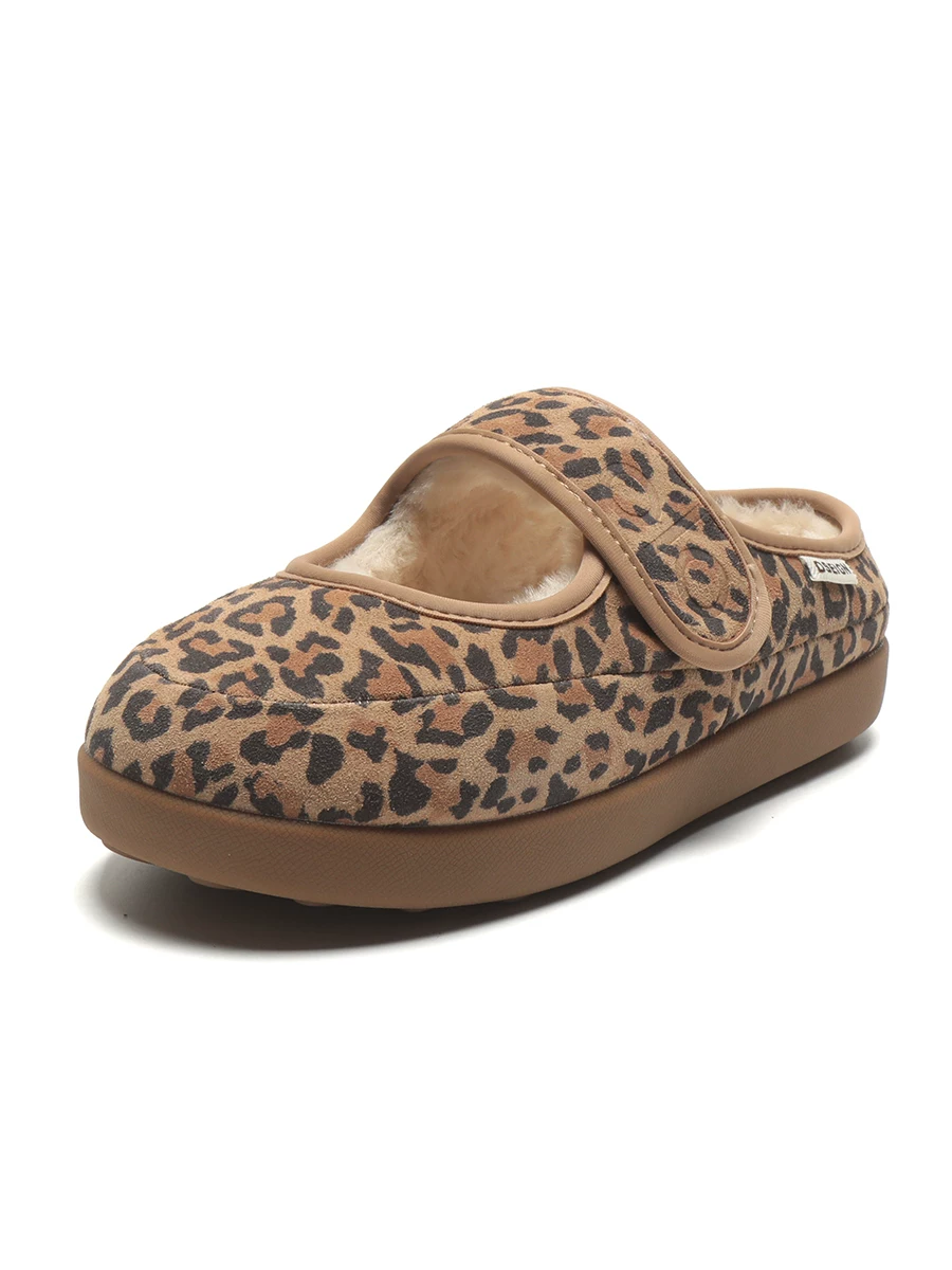 Giày Mary Jane Birkenstock họa tiết da báo dành cho nữ, kiểu mới mùa đông 2025, giày lông mềm đế dày, lót lông cừu, kiểu lười, dép bông êm ái.