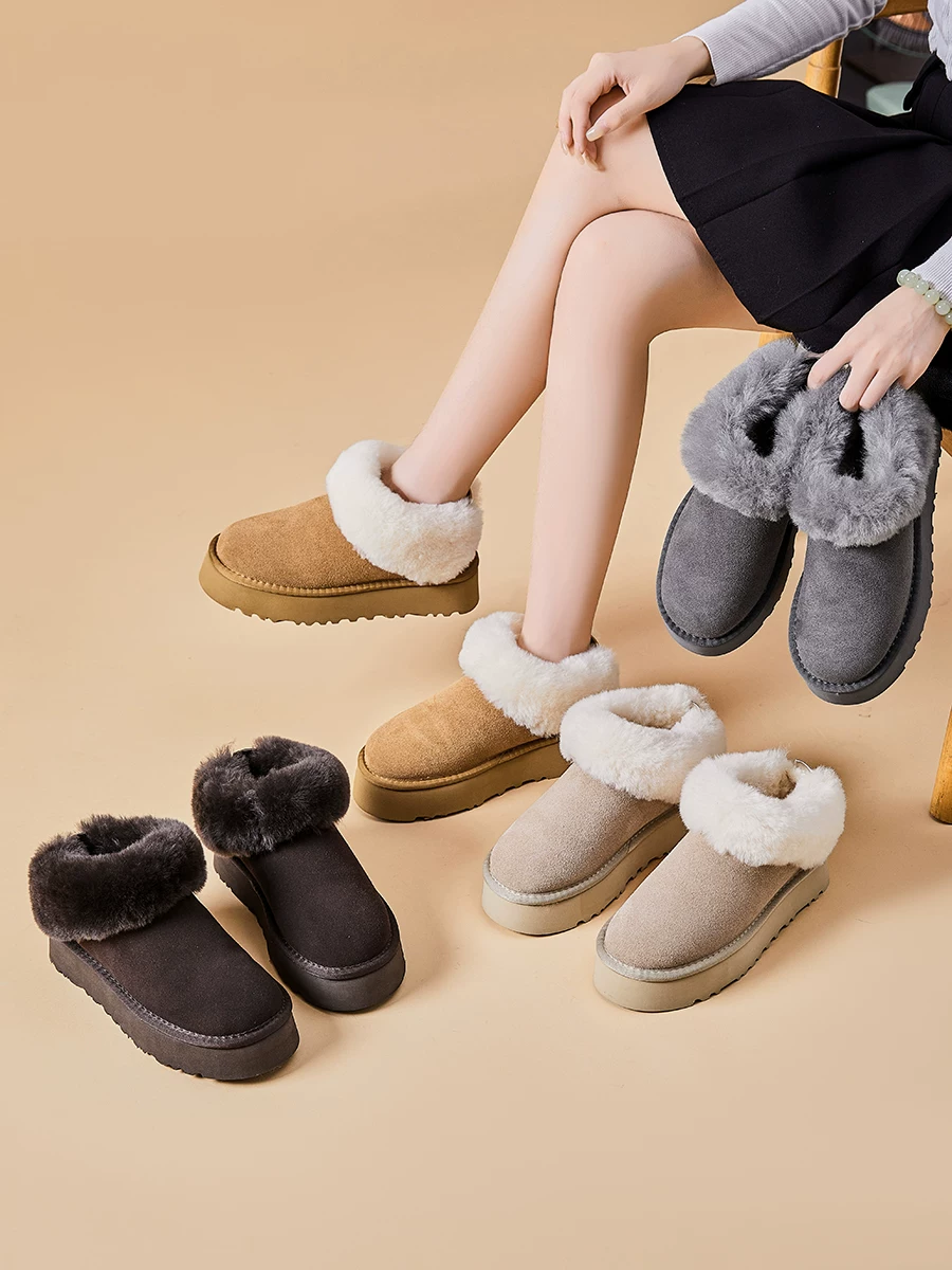 Giày bốt len lông cừu nữ kiểu xỏ, đế dày, chống trơn trượt, lót lông, giày bông dày, kiểu mới mùa đông 2025, lót lông cừu, bốt ngắn dày dặn.