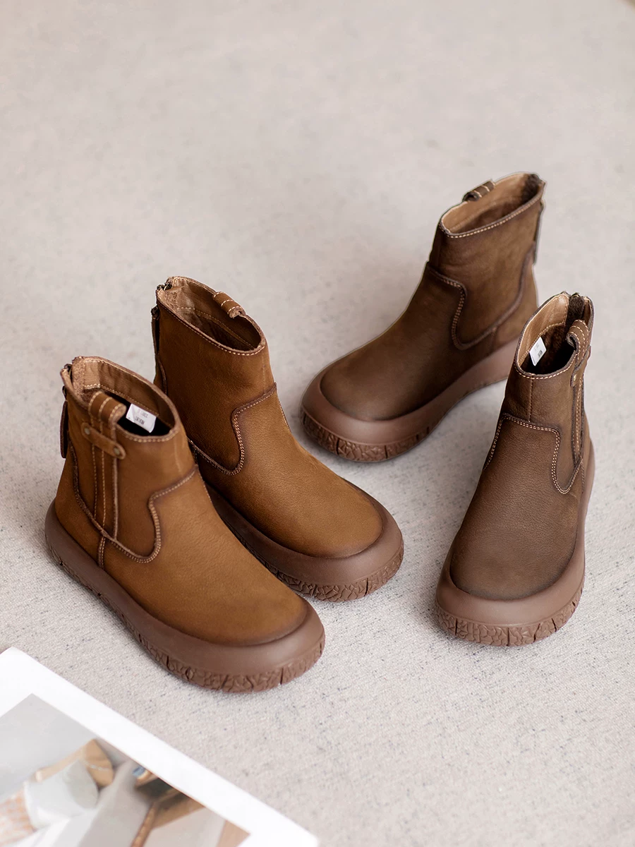 Giày bốt da nâu cổ điển dành cho nữ, đế dày, lót lông cừu, giữ ấm, chất liệu cotton, kiểu mới thu đông 2025, bốt ngắn đế mềm da thật.