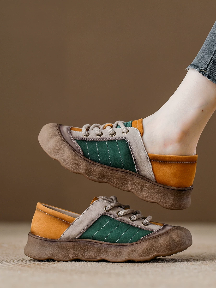 Giày thể thao nữ da bò lớp đầu phối màu retro, đế mềm êm chân, kiểu mới thu 2025, giày casual hai kiểu mang.