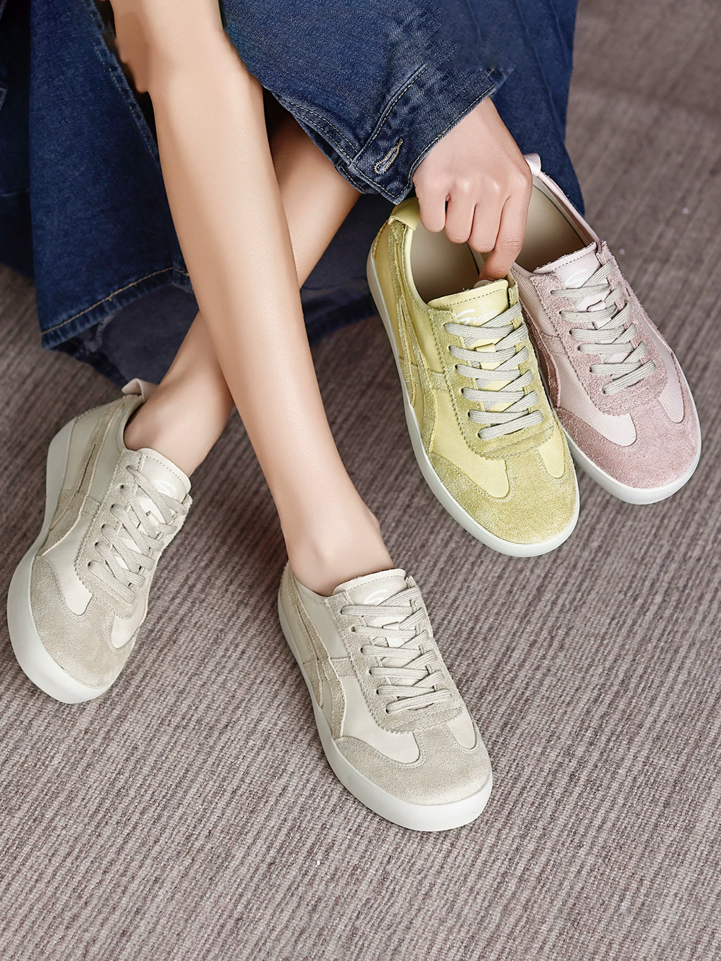 Giày thể thao nữ da bò lớp đầu tiên phong cách retro, giày tập luyện đế dày kiểu Đức, giày nữ mới mùa xuân 2026, giày thể thao trắng phong cách thường ngày