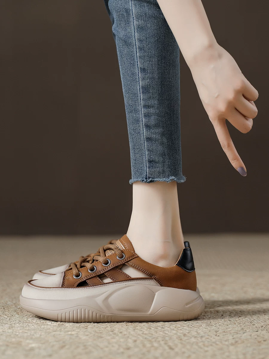Giày sandal hở mũi khoét lỗ dành cho nữ, giày trắng retro da thật đế dày thoáng khí, giày thể thao đế mềm mùa hè 2026 dành cho nữ.