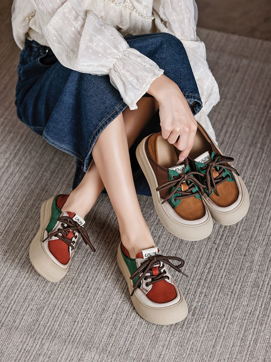 Giày thể thao nữ da bò phối màu retro, giày casual đa năng, kiểu mới thu 2025, giày nữ da thật, đế mềm, giày bệt hai kiểu mang.